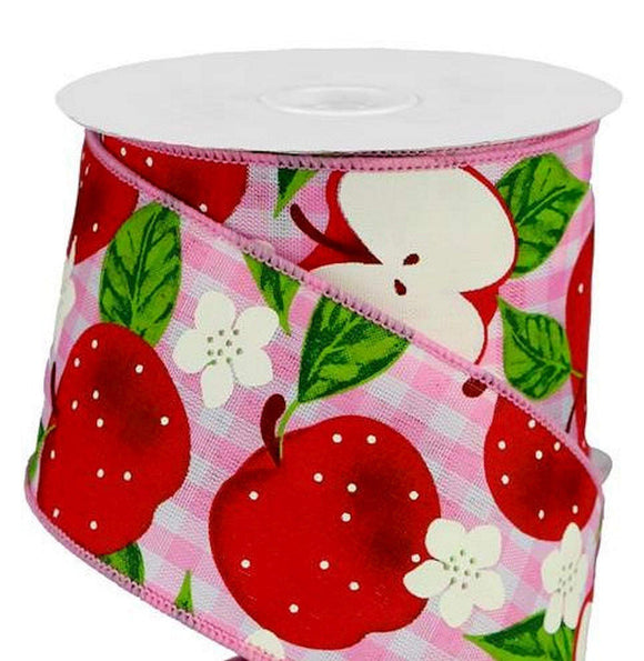 CBI Food Wired Apple Ribbon - 2.5 inch Pink & White Gingham Ribbon with Red Apples and White Flowers - 10 Yards