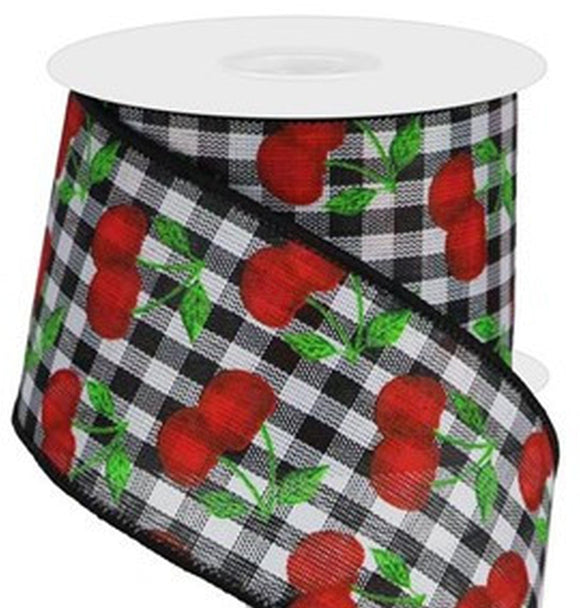 CBI Food Wired Cherry Ribbon - 2.5 inch Black & White Gingham Ribbon with Red Cherries & Bright Green Leaves - 10 Yards