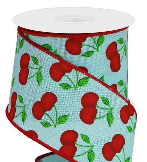 CBI Food Wired Cherry Ribbon - 2.5 inch Light Blue Canvas Ribbon with Bright Red Cherries - 10 Yards