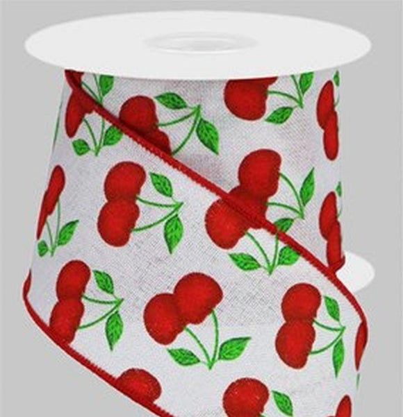 CBI Food Wired Cherry Ribbon - 2.5 inch White Canvas Ribbon with Bright Red Cherries - 10 Yards