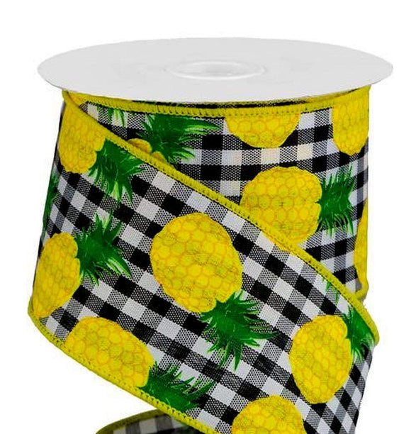 CBI Food Wired Pineapple Ribbon - 2.5 inch Black & White Gingham Ribbon with Yellow Pineapples - 10 Yards