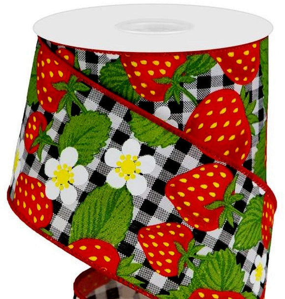 CBI Food Wired Strawberry Ribbon - 2.5 inch Black & White Gingham Ribbon with Red Strawberries - 10 Yards