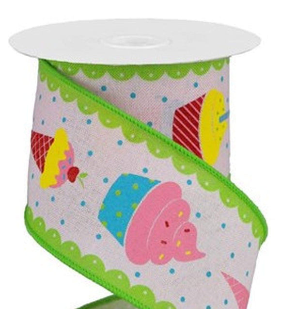 CBI Kids Wired Birthday Ribbon - 2.5 inch Light Pink Ribbon with Cupcakes & Cones and Lime Green Scalloped Border - 10 Yards