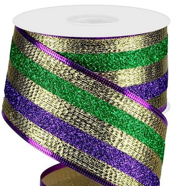 CBI Mardi Gras Wired Mardi Gras Ribbon - 2.5 inch Gold, Purple & Green Striped Metallic Ribbon- 10 Yards