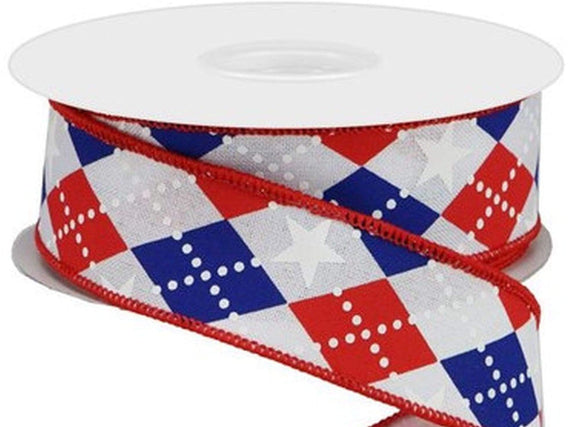 CBI Patriotic Ribbon 1.5 Inch Wired Patriotic Ribbon - Red, White & Blue Harlequin Ribbon with White Stars - 10 Yards