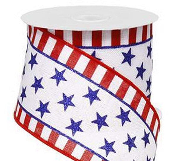 CBI Patriotic Ribbon 2.5 inch White Canvas Ribbon with Blue Stars Between Red & White Stripes - 10 Yards