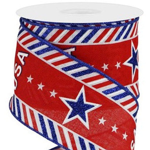 CBI Patriotic Ribbon Wired Patriotic Ribbon - 2.5 inch USA and an American Star with Red, White, Blue & Cream Striped Diagonal Border Canvas Ribbon - 10 Yards