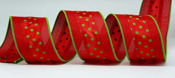 CBI Polka Dot 2.5 inch Red Ribbon with Lime Green Polka Dots - 10 Yards