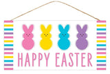 CBI Signs Happy Easter Sign - 12.5" x 6" White MDF Sign with 4 Colorful Peep Bunnies