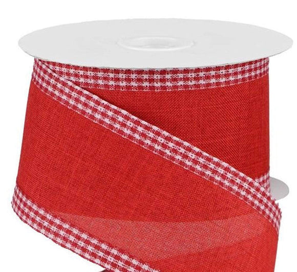 CBI Solids 2.5 inch Red Canvas Ribbon with Red & White Gingham Edges - 10 Yards