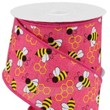 CBI Spring 2.5" Mini Bumble Bees with Honeycombs on Bright Pink Canvas Ribbon - 10 Yards Wired Natural Ribbon | Perpetual Ribbons