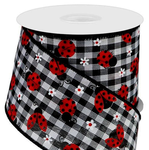 CBI Spring Wired Summer Ribbon - 2.5 inch Black & White Gingham Ribbon with Ladybugs and Flowers - 10 Yards