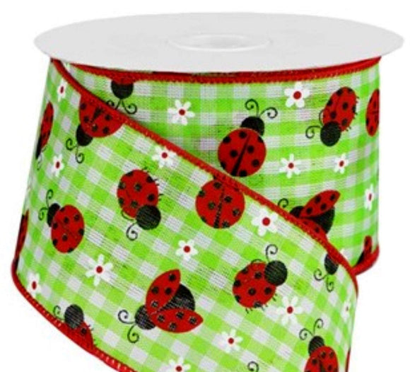 CBI Spring Wired Summer Ribbon - 2.5 inch Light Green & White Gingham Ribbon with Lady Bugs and Flowers - 10 Yards