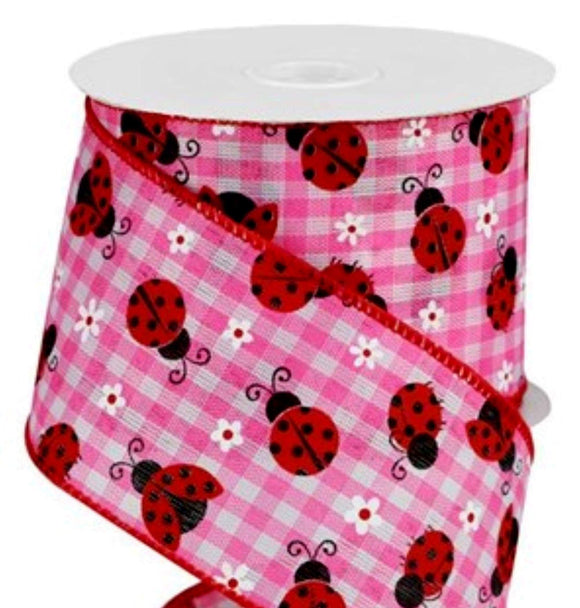 CBI Spring Wired Summer Ribbon - 2.5 inch Pink & White Gingham Ribbon with Lady Bugs and Flowers - 10 Yards