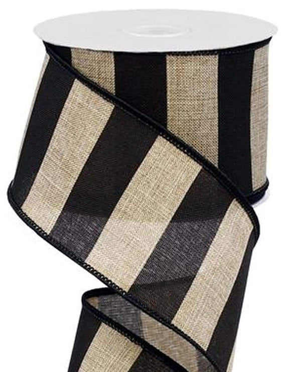 CBI Stripes 2.5 1.5 or 2.5 inch Black & Tan Wide Striped Canvas Ribbon with Thick Black Threaded Wired Edges - 10 Yards 1.5 or 2.5 inch Black & Tan Wide Striped Wired Ribbon | Perpetual Ribbons