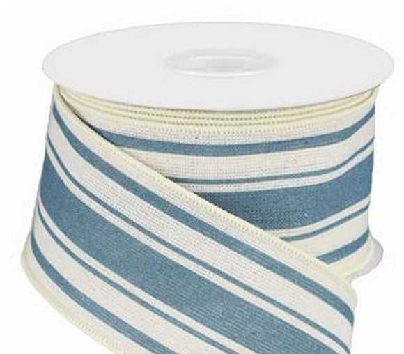CBI Stripes 2.5 inch Cream Canvas Ribbon with Farmhouse Blue Stripes - 10 Yards