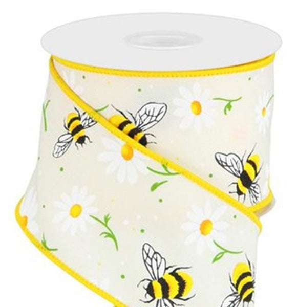 CBI Summer 2.5 inch Wired Cream Ribbon Featuring Scattered Bumble Bees & Daisies - 10 Yards