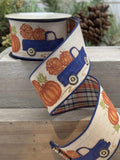 d.stevens Autumn d.stevens 2.5" Reversible Autumn Truck Wired Ribbon - Blue Truck with Pumpkins on Natural Canvas & Matching Plaid Back - 10 Yards