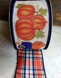 d.stevens Autumn d.stevens 2.5" Reversible Autumn Truck Wired Ribbon - Blue Truck with Pumpkins on Natural Canvas & Matching Plaid Back - 10 Yards