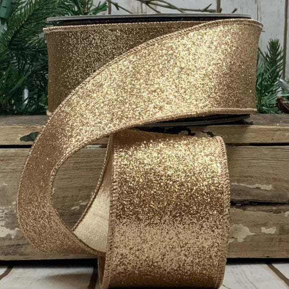 d.stevens Christmas Glitter d.stevens 2.5 inch Light Gold Christmas Glitter Ribbon with Matching Metallic Back - 10 Yards