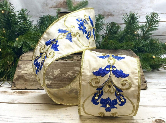 d.stevens 4 inch Cream Taffeta with Blue & Gold Embroidered Damask - Designer Christmas Ribbon - 5 Yards