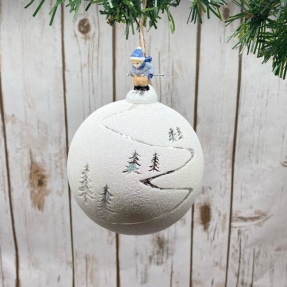 d.stevens Seasonal & Holiday Decorations d.stevens 100mm Hand-blown Bauble White n White - Skiing Ornament