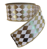 Farrisilk Christmas Checks Farrisilk 2.5" Platinum Foil Jester Diamonds on Wired White Fabric Ribbon - Designer Ribbon - 10 Yards