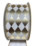 Farrisilk Christmas Checks Farrisilk 2.5" Platinum Foil Jester Diamonds on Wired White Fabric Ribbon - Designer Ribbon - 10 Yards