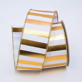 Farrisilk Ribbons & Trim 2.5" Farrisilk 2.5" or 4" Gold Foil Horizontal Stripes on Wired White Fabric Ribbon - Designer Ribbon - 10 Yards