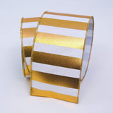 Farrisilk Ribbons & Trim 4" Farrisilk 2.5" or 4" Gold Foil Horizontal Stripes on Wired White Fabric Ribbon - Designer Ribbon - 10 Yards