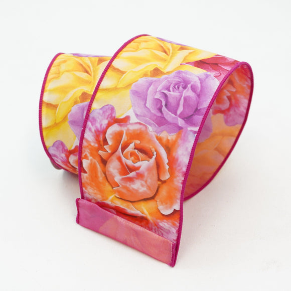 Farrisilk Ribbons & Trim Farrisilk 4'' Vibrant Rose Print on Heavy Canvas Ribbon - 10 Yards