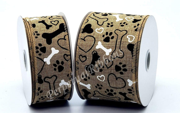 Jascotina Animals 1.5 or 2.5  inch Natural Canvas Ribbon with Black & White Puppy Paws, Hearts & Bones - 10 Yards