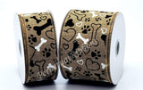 Jascotina Animals 1.5 or 2.5  inch Natural Canvas Ribbon with Black & White Puppy Paws, Hearts & Bones - 5 Yards