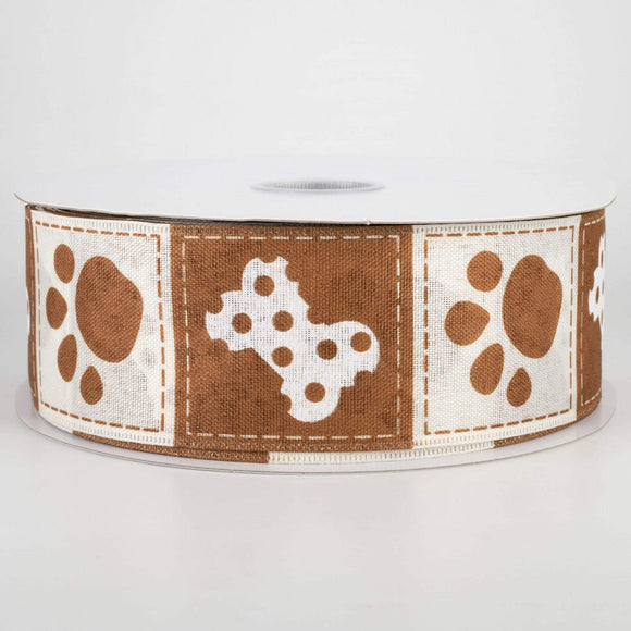 Jascotina Animals 2.5 inch White & Brown Canvas Ribbon with Brown Paw Prints and White Bones- 5 Yards