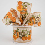 Jascotina Autumn 2.5" Light Beige Linen Ribbon with Orange Pumpkins & Cheetah Pumpkins - 10 yards