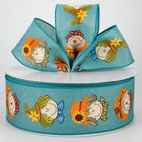 Jascotina Autumn Copy of Wired Autumn / Fall Ribbon - 2.5" Teal Canvas Ribbon with Cute Scarecrow Heads - 10 Yards