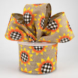 Jascotina Autumn Sunflowers with Black & White Buffalo Check Centers on 2.5" Natural Canvas Ribbon - 10 yards