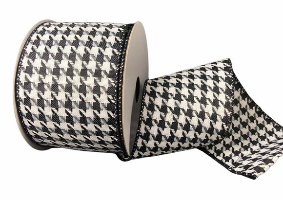 2.5 inch Wired Black & White Houndstooth Ribbon - 10 yards