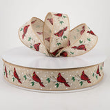 Jascotina Christmas Characters 1.5" Natural Ribbon with Sparkling Red Cardinals  - Christmas Ribbon - 50 Yards