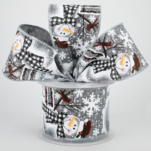 Jascotina Christmas Characters 2.5 inch Grey Canvas Snowman Ribbon with Red Cardinal on Snowman's Arm - 10 Yards