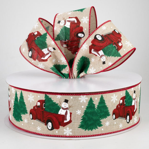 Jascotina Christmas Characters 2.5 inch Happy Snowman in the back of a Farmhouse Truck Ribbon - Wired Christmas Ribbon - 50 Yards
