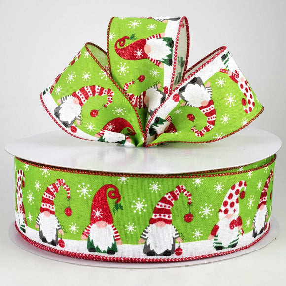 Jascotina Christmas Characters 2.5 inch Lime Green Ribbon featuring Christmas Gnomes - Wired Christmas Ribbon - 50 Yards