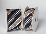 Jascotina Christmas Glitter 1.5" or 2.5" Gold Glitter & White Diagonal Stripes on Navy Blue Canvas Wired Christmas Ribbon - 10 Yards