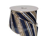Jascotina Christmas Glitter 2.5 1.5" or 2.5" Gold Glitter & White Diagonal Stripes on Navy Blue Canvas Wired Christmas Ribbon - 10 Yards