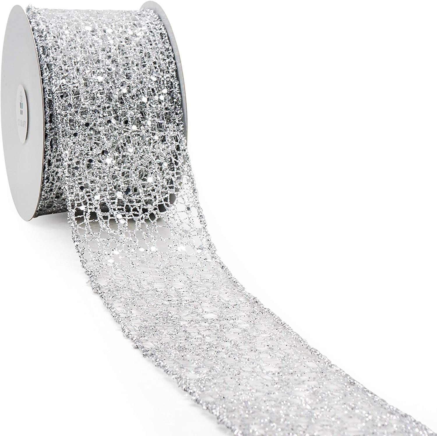 2.5 inch Silver Glitter Mesh Ribbon - Wired Christmas Ribbon - 10 Yards