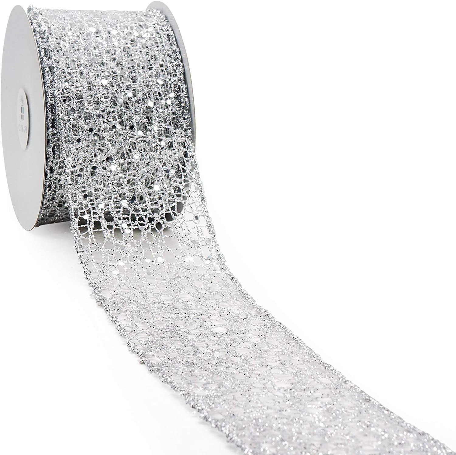 2.5 inch Silver Glitter Mesh Ribbon - Wired Christmas Ribbon - 10 Yard ...