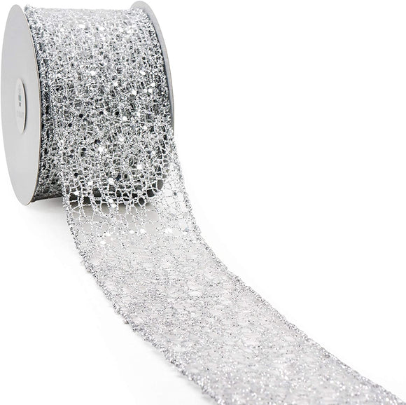 PerpetualRibbons Christmas Glitter 2.5 inch Silver Glitter Mesh Ribbon - Wired Christmas Ribbon - 10 Yards