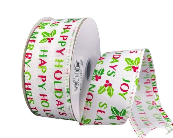 Jascotina Christmas Words 1.5 inch White Satin Ribbon with Holly Berries & Holiday Words Written in Red & Green - 10 Yards