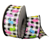 Jascotina Easter 1.5 1.5 or 2.5 inch Black & White Check Linen Ribbon with Colorful Pastel Glitter Bunnies - 10 Yards