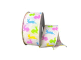 Jascotina Easter 1.5 1.5 or 2.5 inch White Satin Ribbon with Pastel Easter Bunnies - 10 Yards